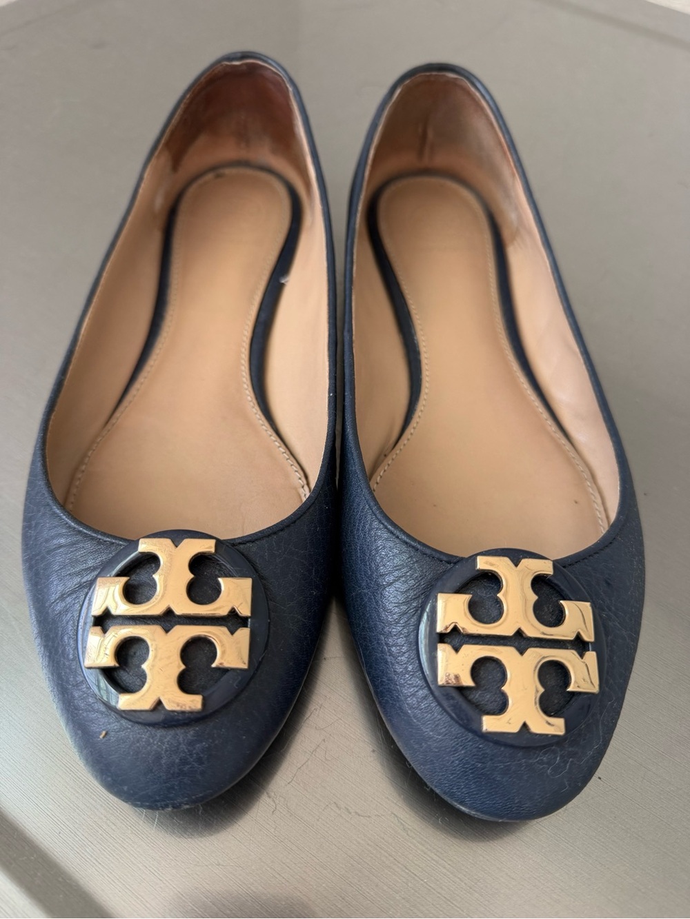 Tory Burch Navy Leather Logo Round-Toe Flats with Gold Emblems
